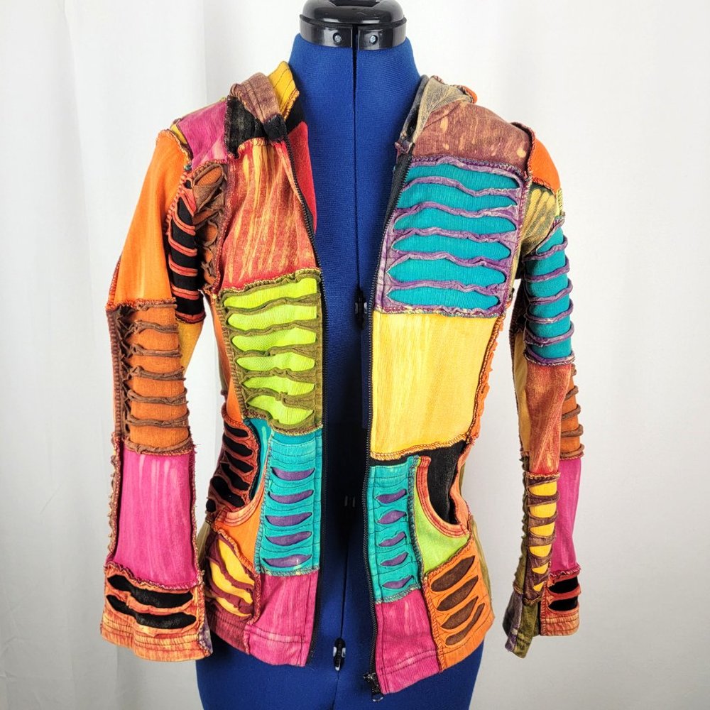 Colorful Patchwork Distressed Zip Up Long Sleeve … - image 2